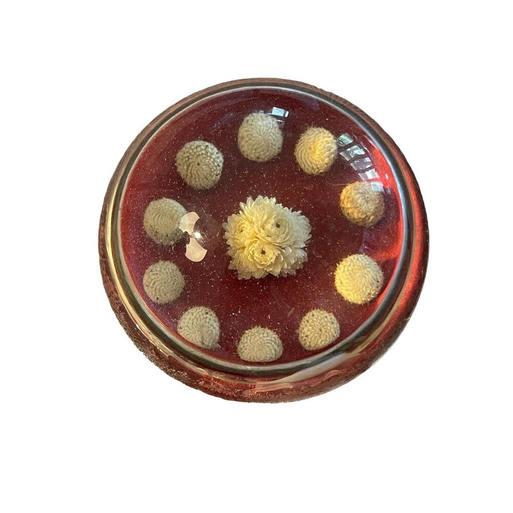 VINTAGE 1960-70S DRIED FLOWERS SEALED IN GLASS DOME PAPERWEIGHT RED WHITE‎ DECOR